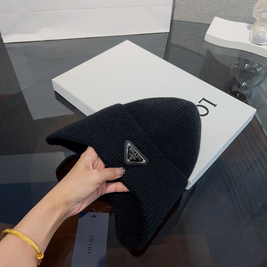 New autumn and winter versatile fashion triangle logo ear protection women's style with plush warm knitted yarn hat