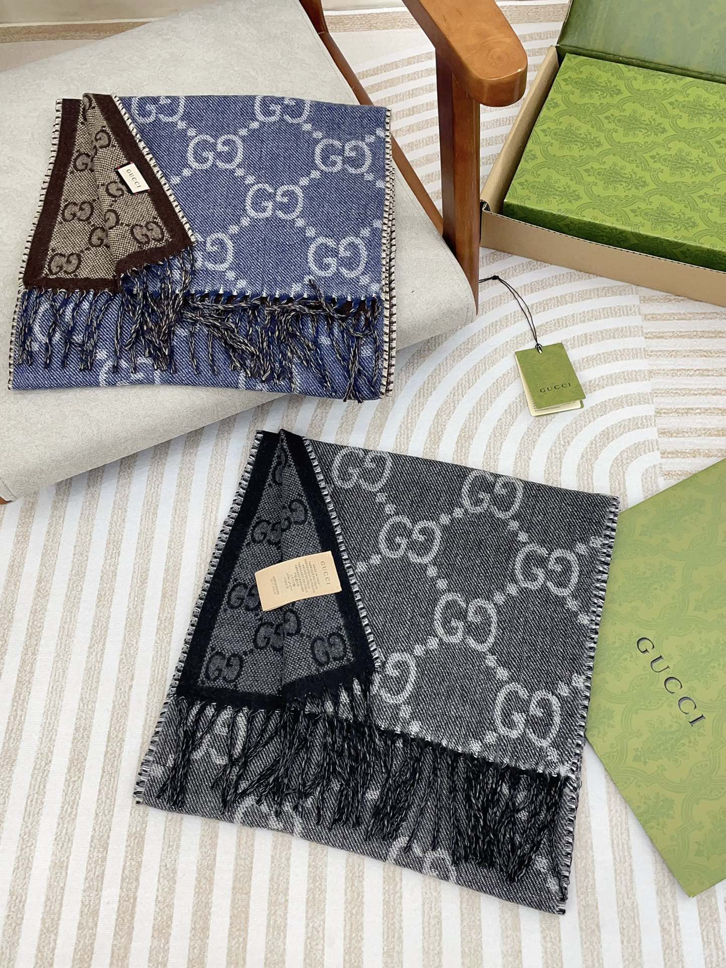 New Fashion Luxury Wool GG Jacquard Tassel Women's and Men's Knitted Double sided Scarf with Box