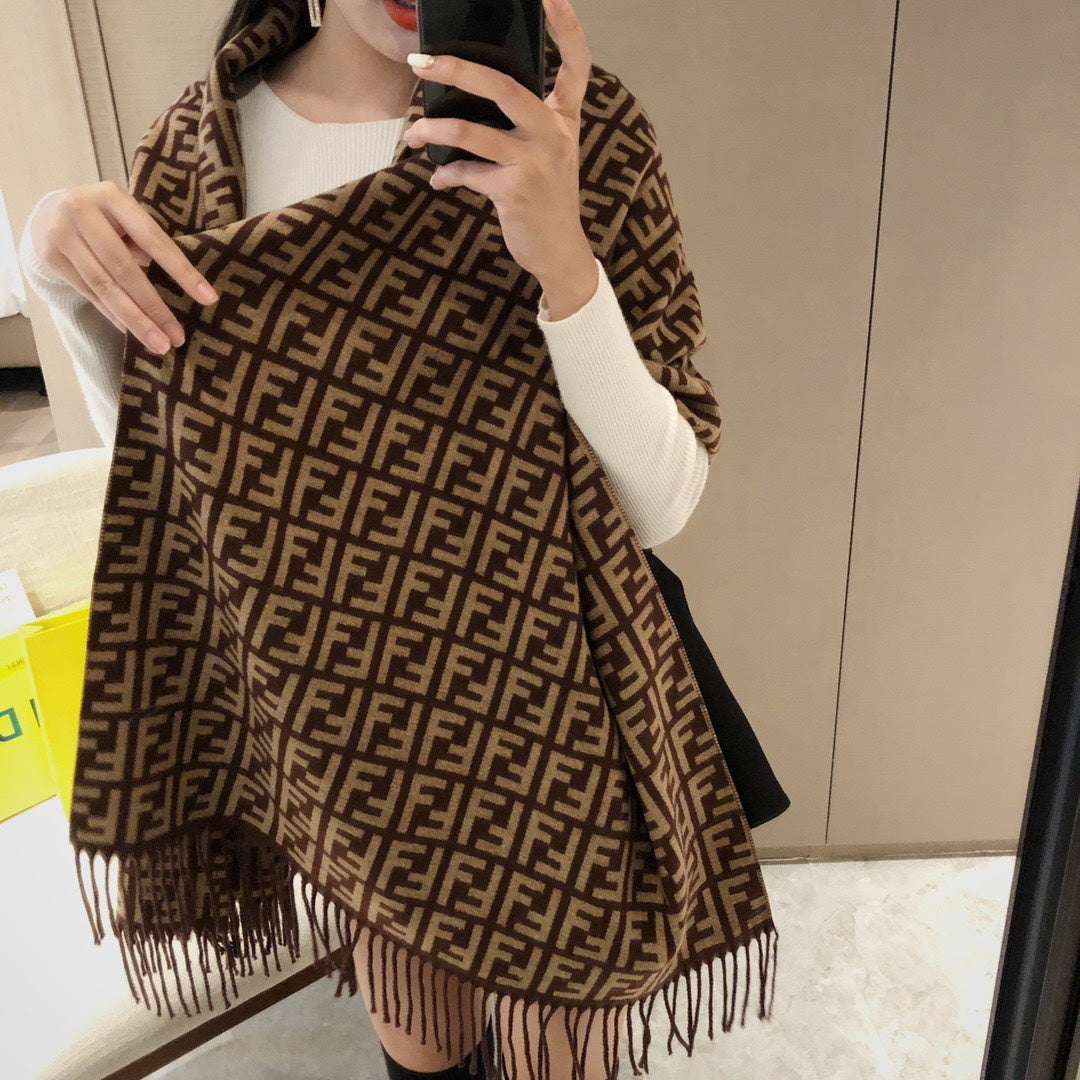 New Classic Versatile Double sided Old Flower Double F Letter Autumn and Winter Men's and Women's Shawl Men's and Women's Scarf with Box