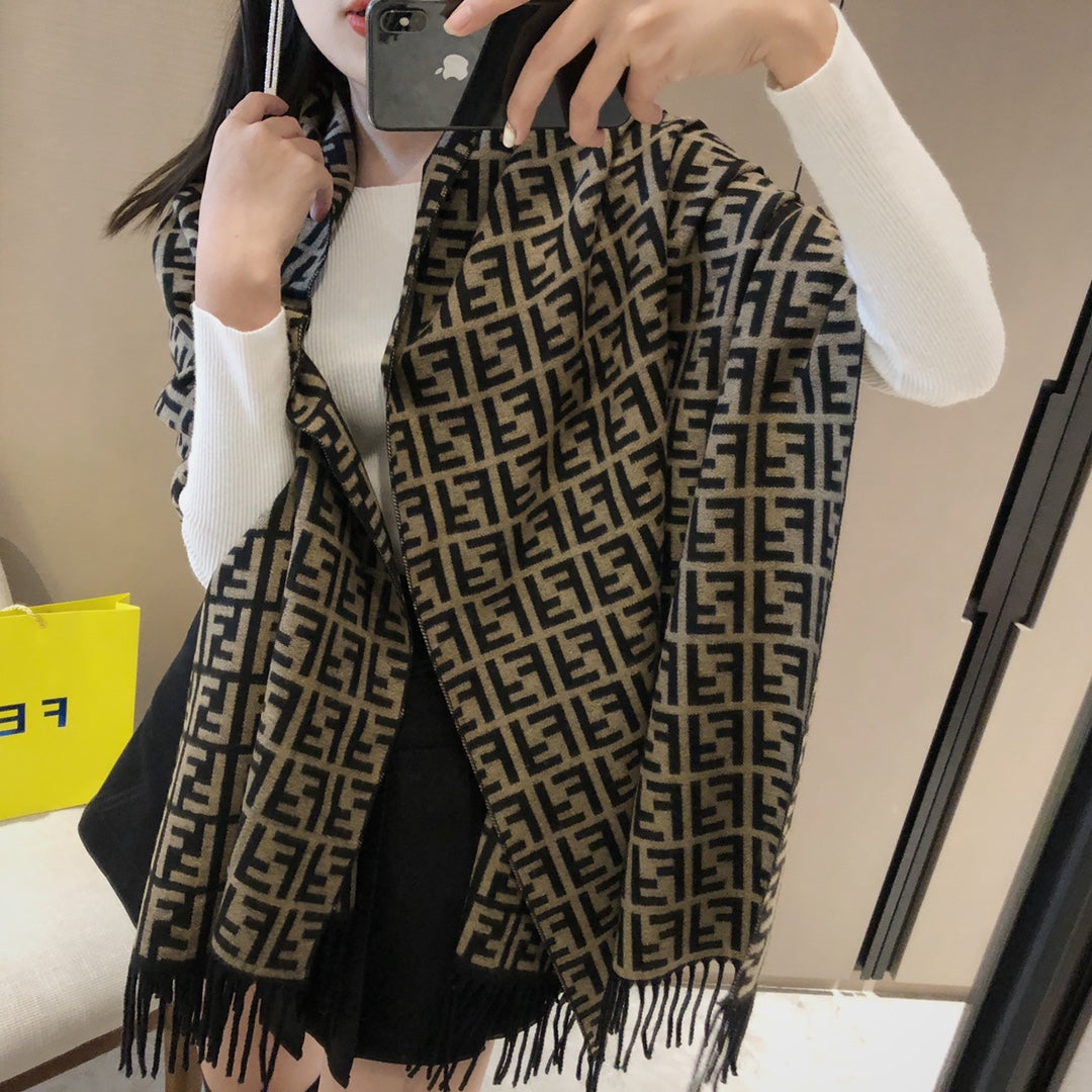 New Classic Versatile Double sided Old Flower Double F Letter Autumn and Winter Men's and Women's Shawl Men's and Women's Scarf with Box