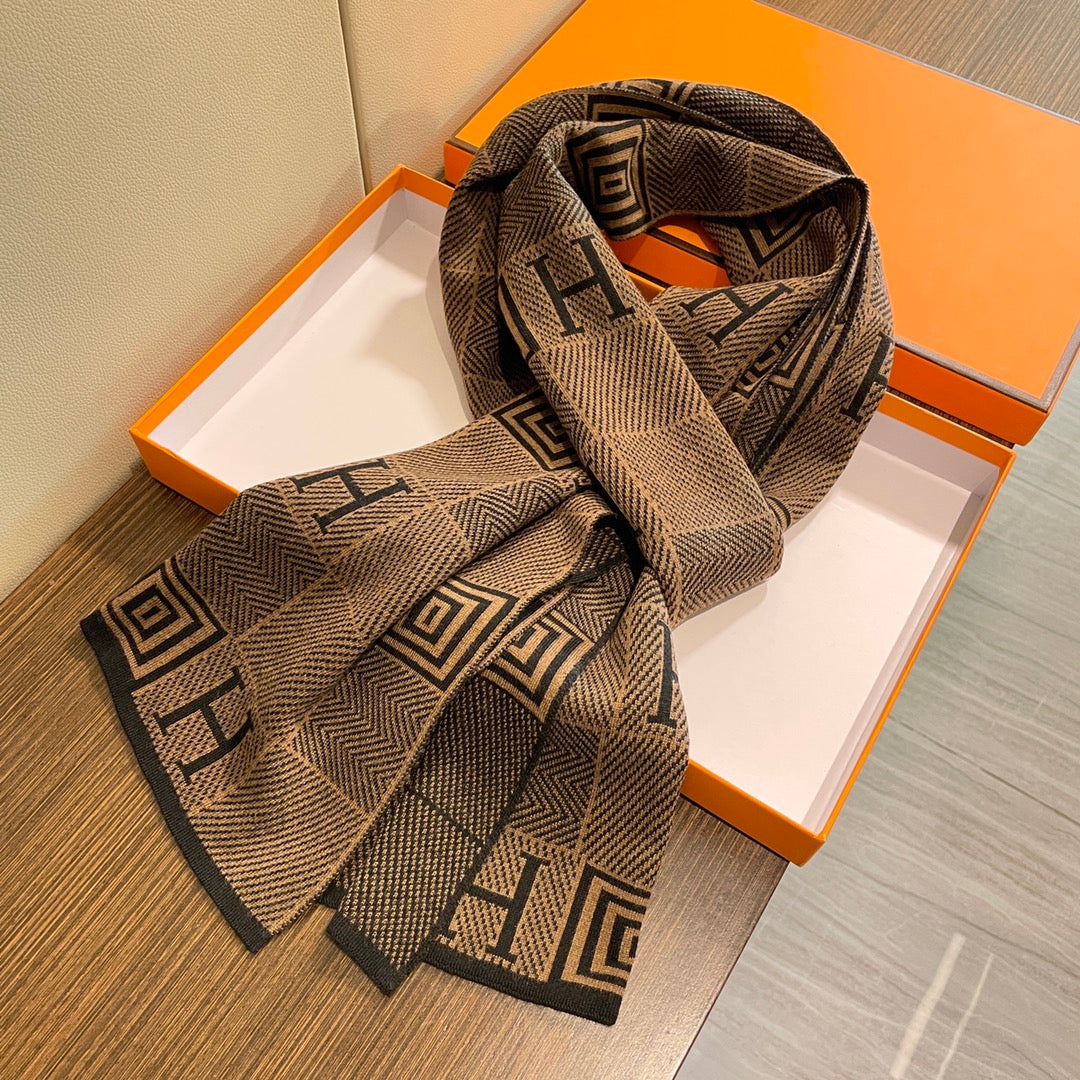 New wool cashmere scarf H family carriage men's and women's versatile shawl embroidered printed warm scarf  with Box