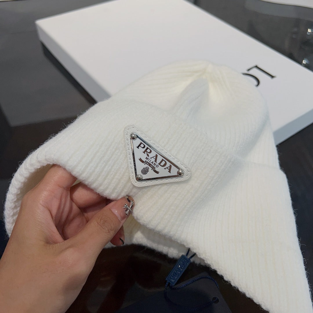 New autumn and winter versatile fashion triangle logo ear protection women's style with plush warm knitted yarn hat