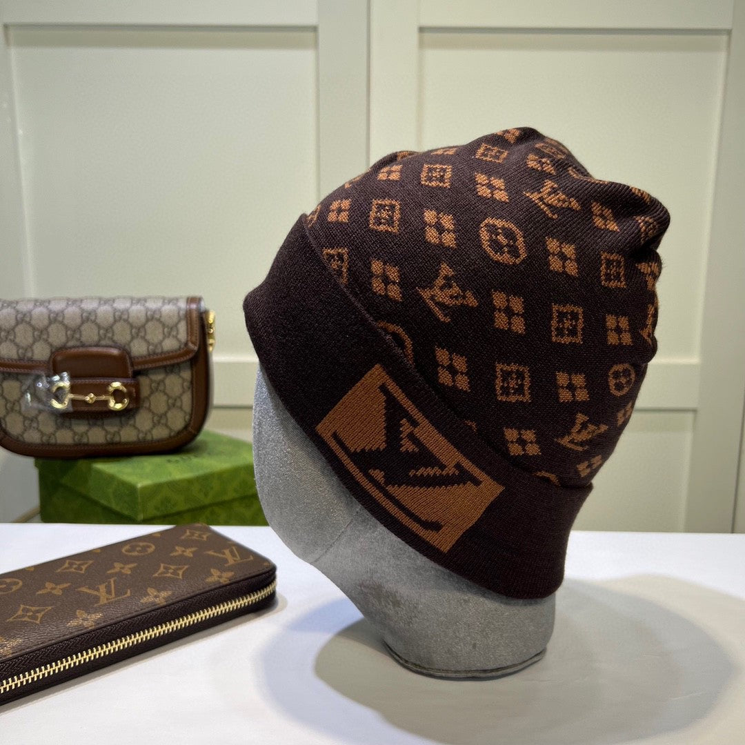 New Fashion Trendy Light Luxury L Home Old Flower Pattern Men's and Women's Autumn/Winter Versatile Knitted Wool Thread Hat