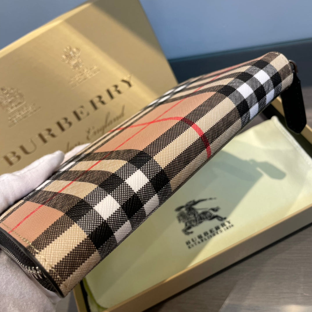 European and American trend new fashion plaid cowhide leather men's long zipper hand-held foreskin clip phone bag wallet
