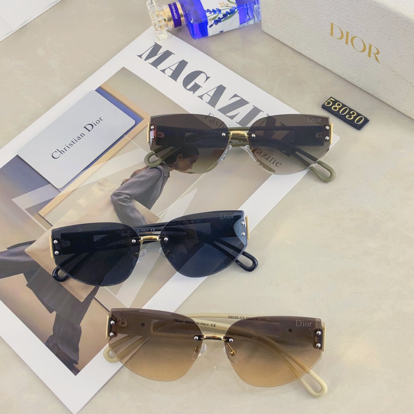 New fashion, personality, avant-garde, European and American women's UV resistant cat eyes frameless color blocked legs, wide leg sunglasses, sunglasses
