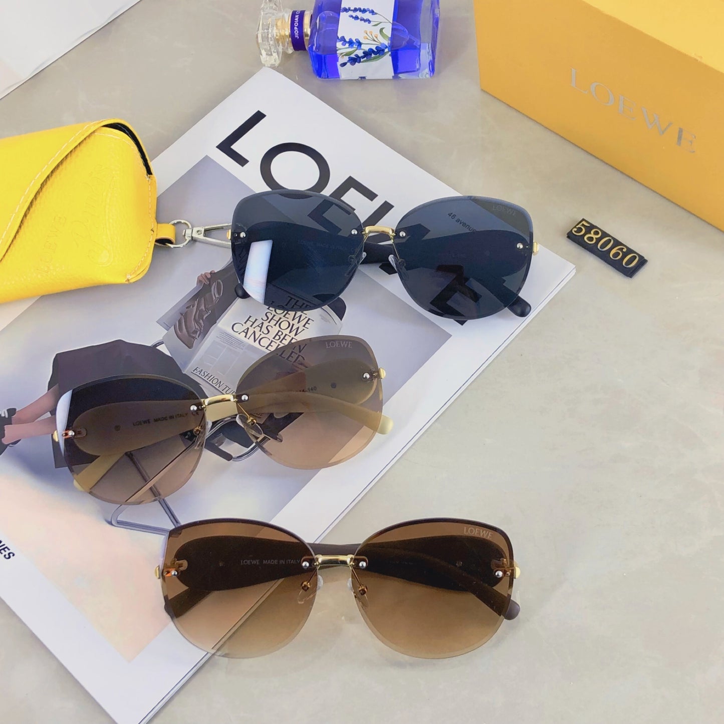 New Loewe premium brown cut sunglasses for female actors with elegant temperament, square UV resistant sunglasses, fashionable