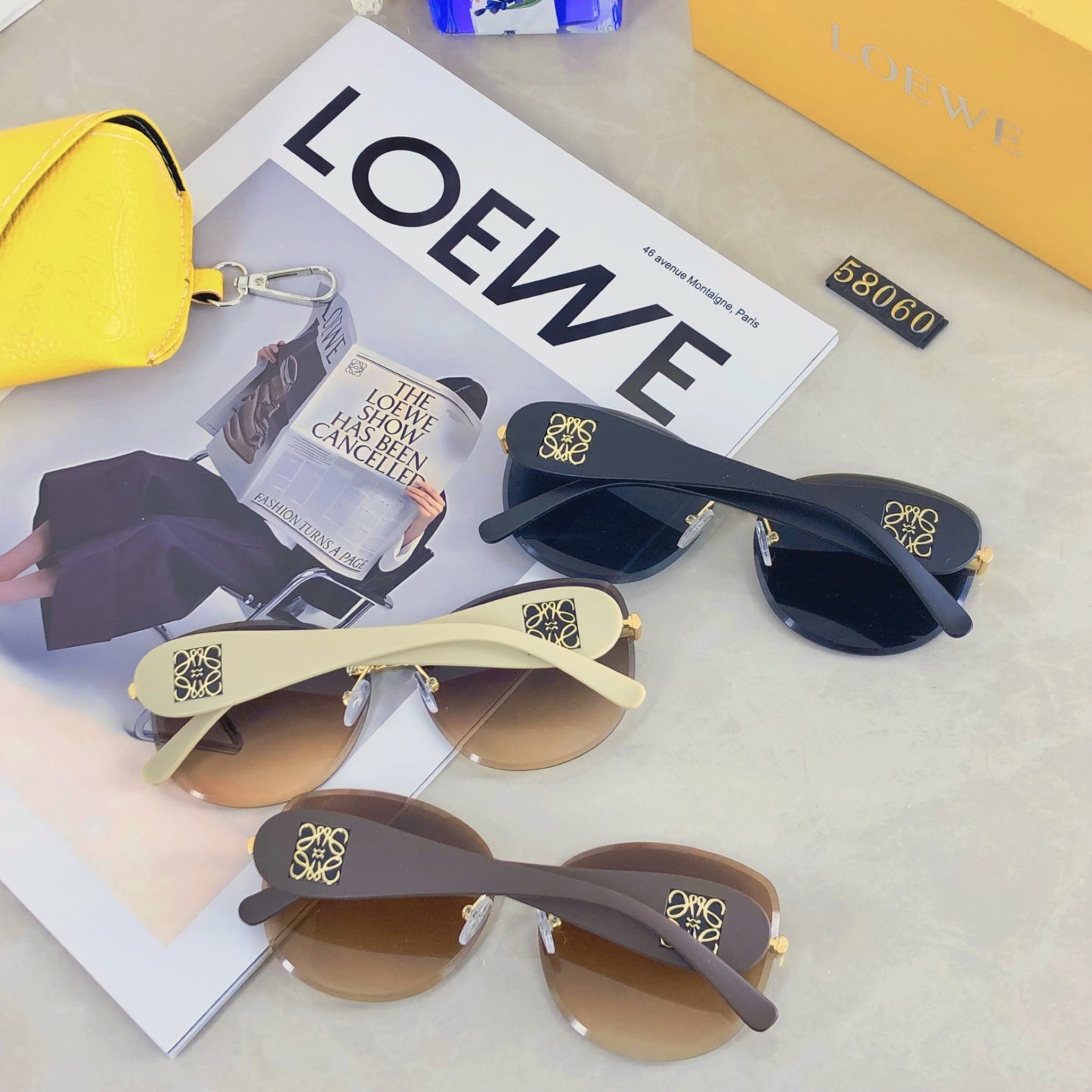 New Loewe premium brown cut sunglasses for female actors with elegant temperament, square UV resistant sunglasses, fashionable