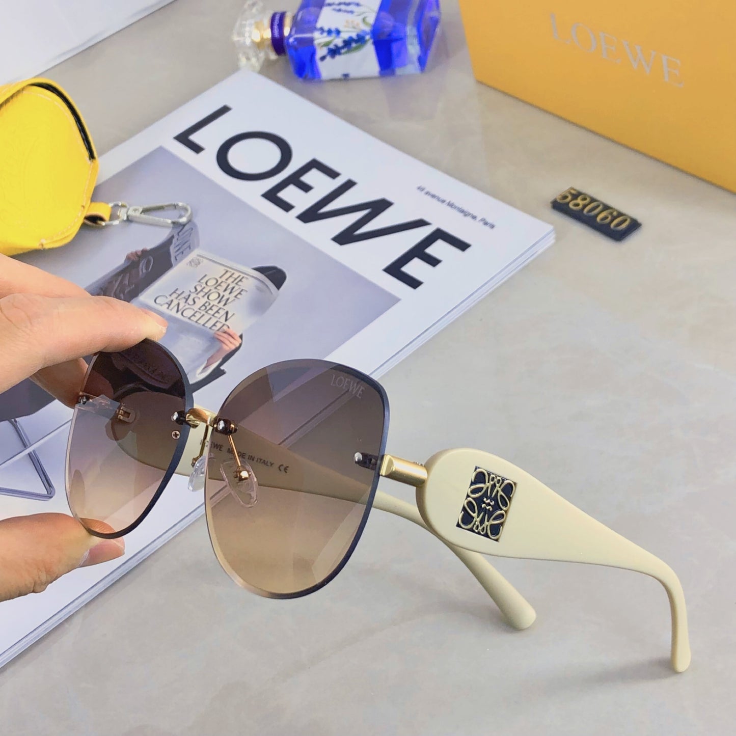 New Loewe premium brown cut sunglasses for female actors with elegant temperament, square UV resistant sunglasses, fashionable