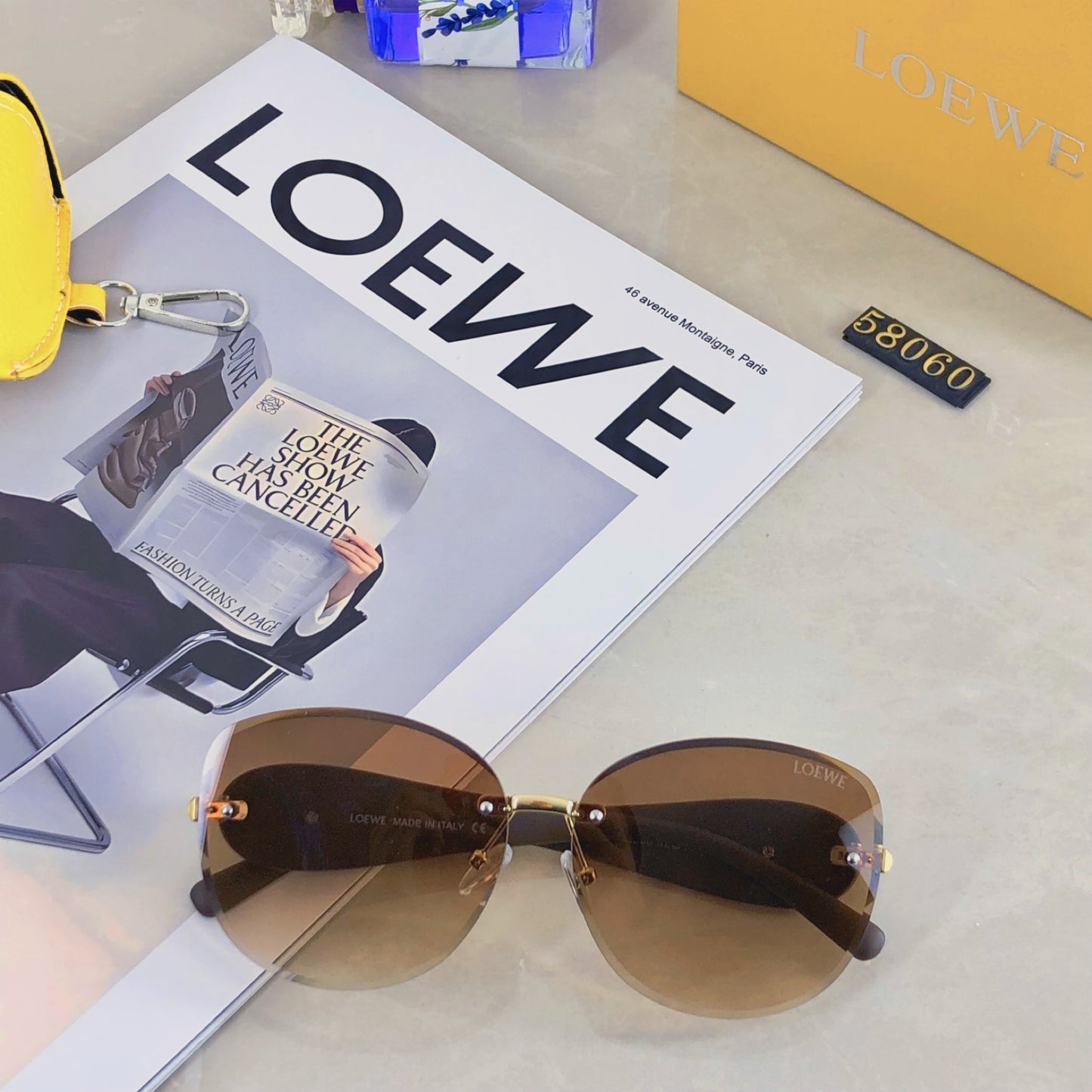 New Loewe premium brown cut sunglasses for female actors with elegant temperament, square UV resistant sunglasses, fashionable