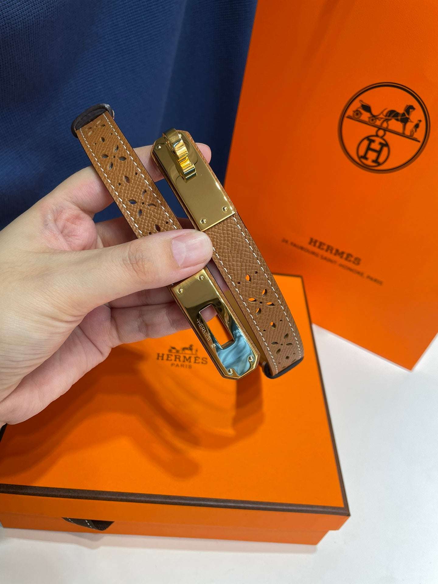 H New Kelly Garden Party 18mm women's perforated Epsom calf leather belt