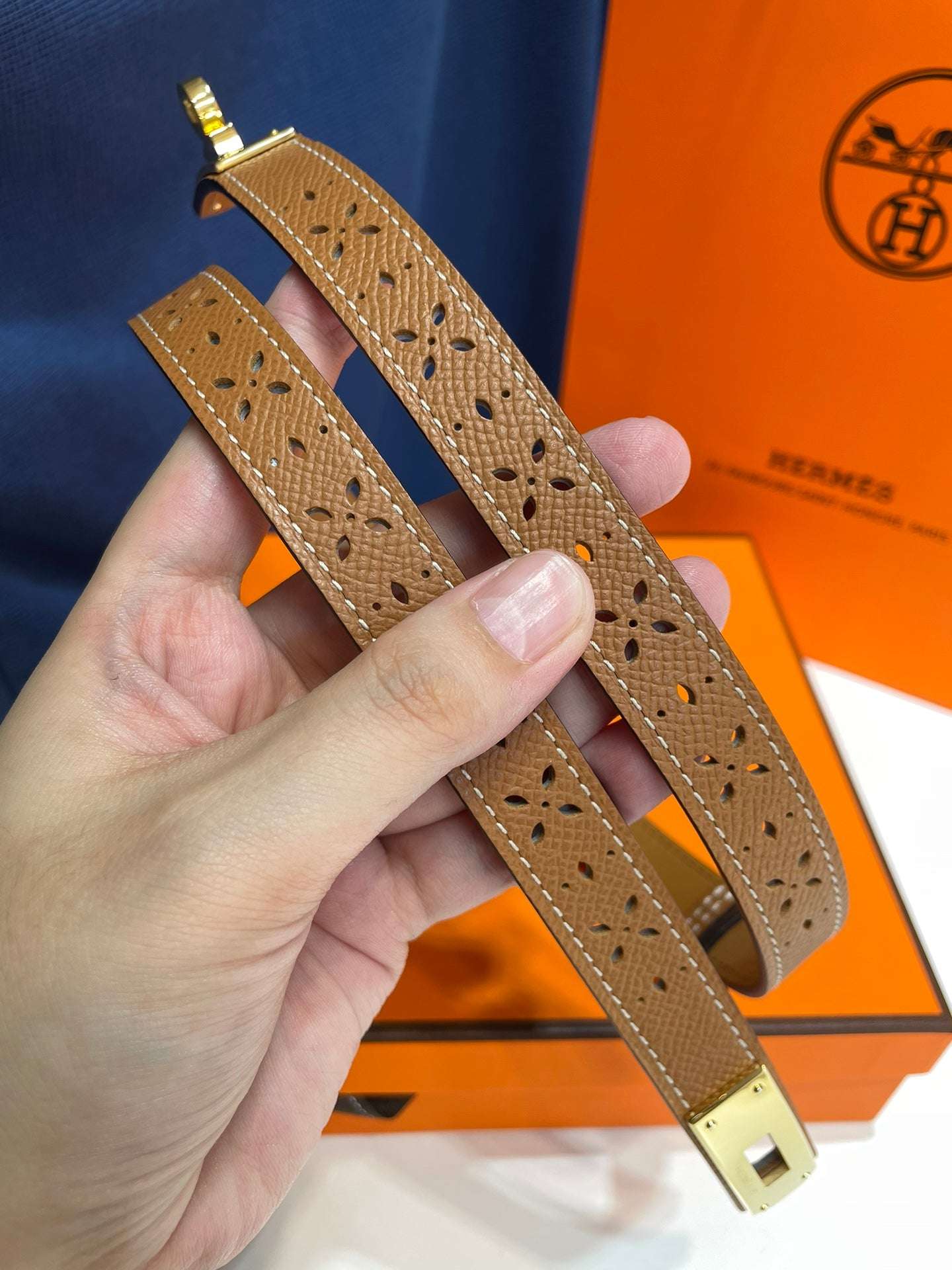 H New Kelly Garden Party 18mm women's perforated Epsom calf leather belt
