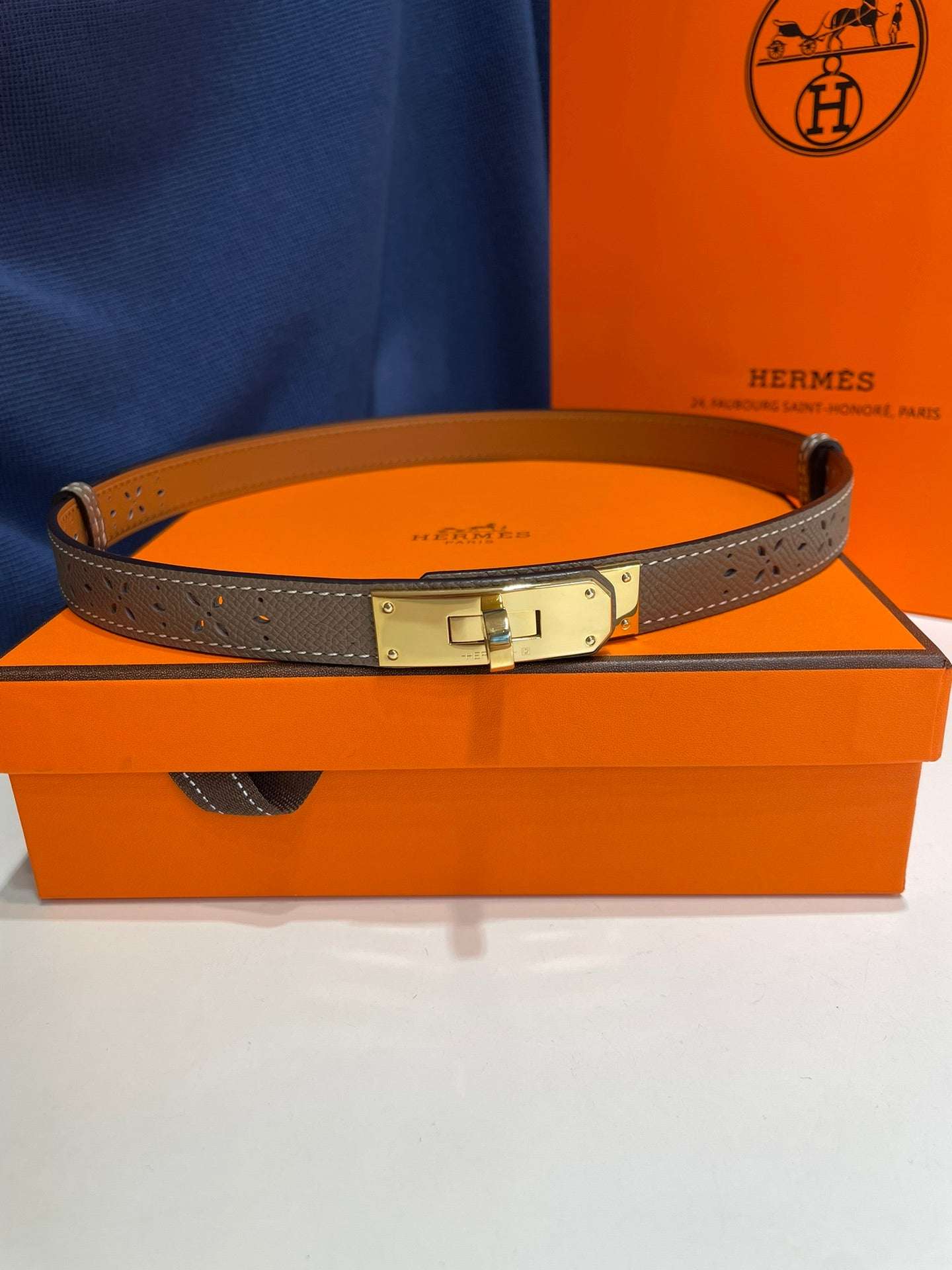 H New Kelly Garden Party 18mm women's perforated Epsom calf leather belt