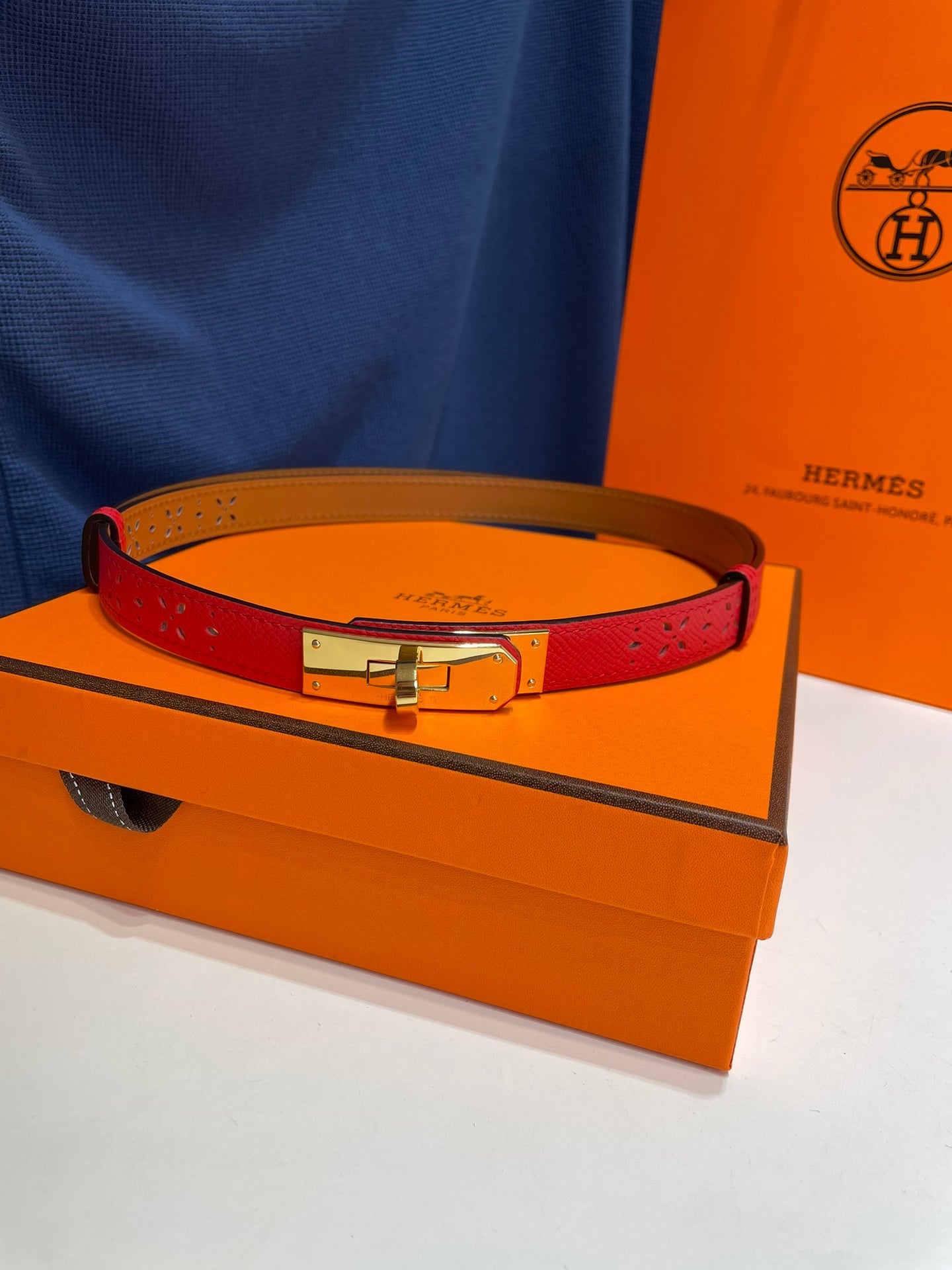 H New Kelly Garden Party 18mm women's perforated Epsom calf leather belt