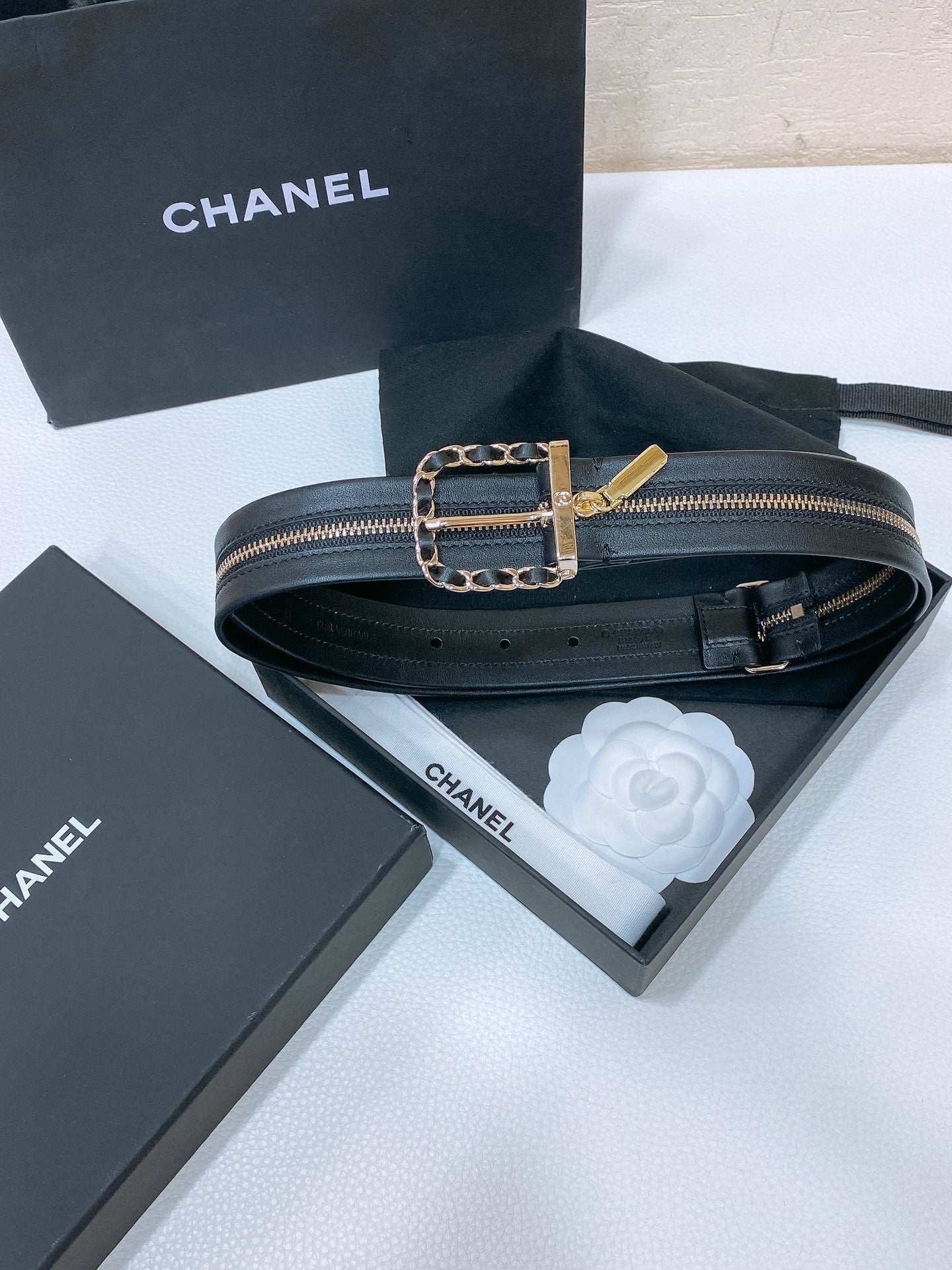 New Cha~nel imported glossy sheepskin 3cm soft and exquisite touch fashionable belt