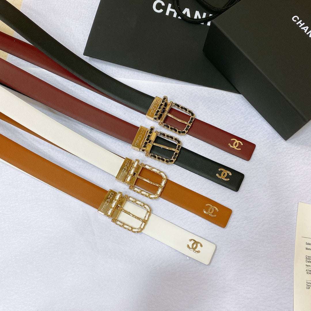 New Cha~nel imported glossy calf leather 3cm soft, delicate, elegant and fashionable double-sided belt