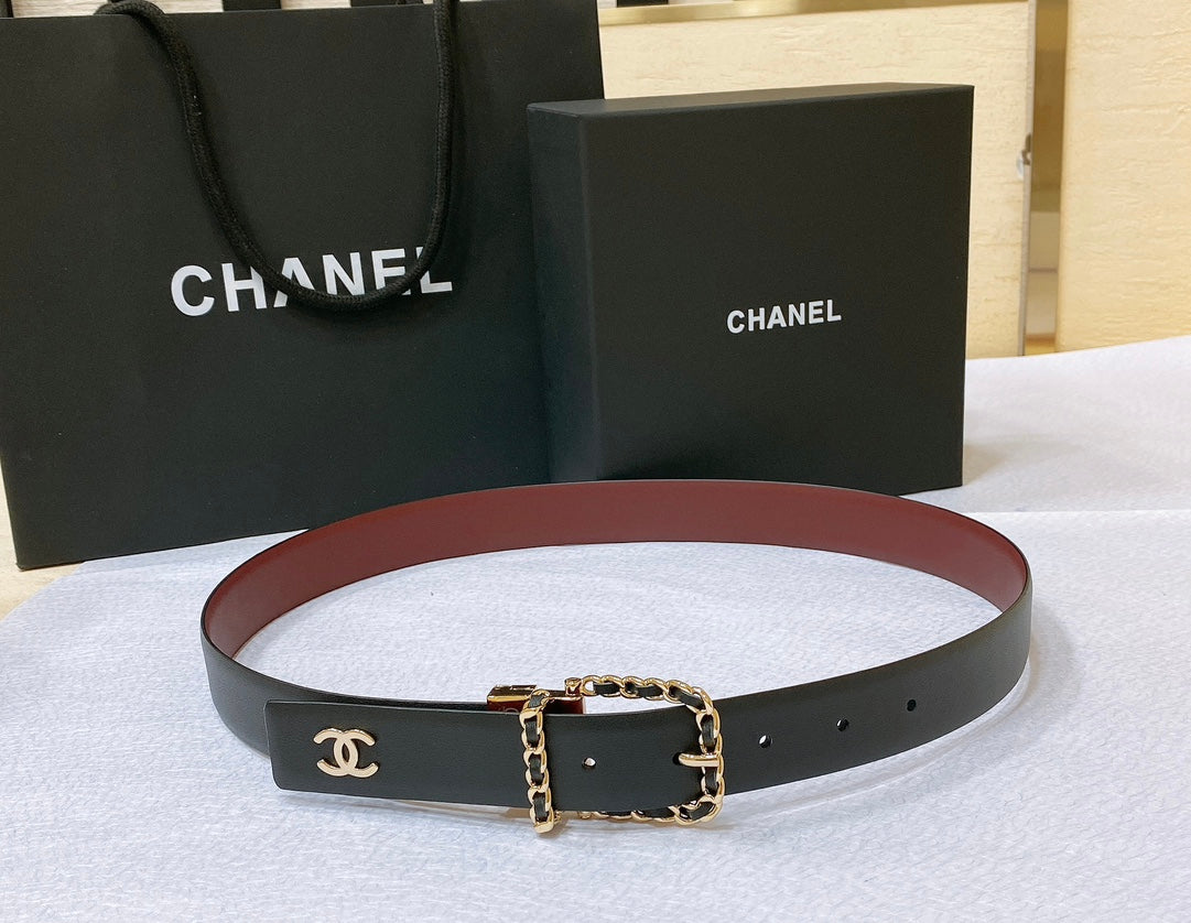 New Cha~nel imported glossy calf leather 3cm soft, delicate, elegant and fashionable double-sided belt