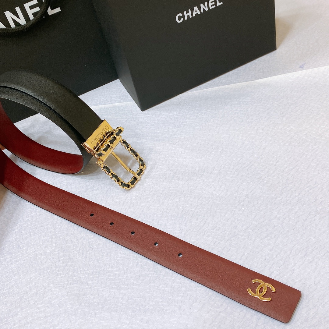 New Cha~nel imported glossy calf leather 3cm soft, delicate, elegant and fashionable double-sided belt