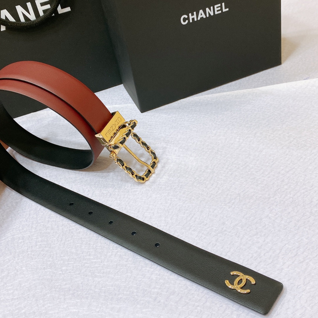 New Cha~nel imported glossy calf leather 3cm soft, delicate, elegant and fashionable double-sided belt