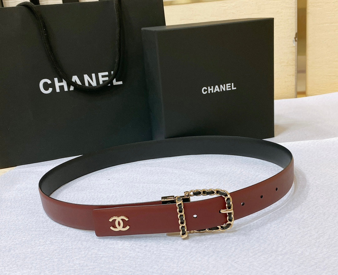 New Cha~nel imported glossy calf leather 3cm soft, delicate, elegant and fashionable double-sided belt