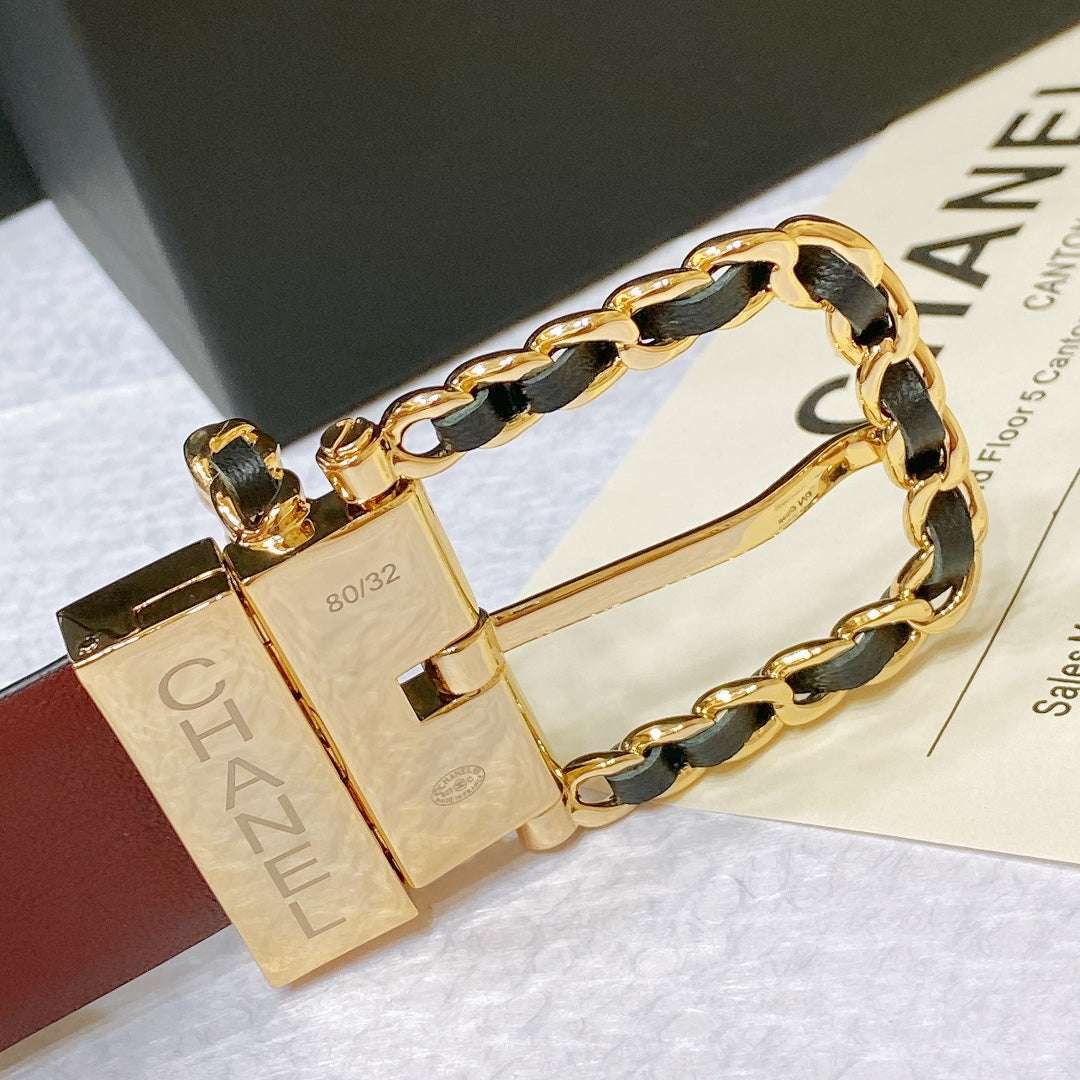 New Cha~nel imported glossy calf leather 3cm soft, delicate, elegant and fashionable double-sided belt
