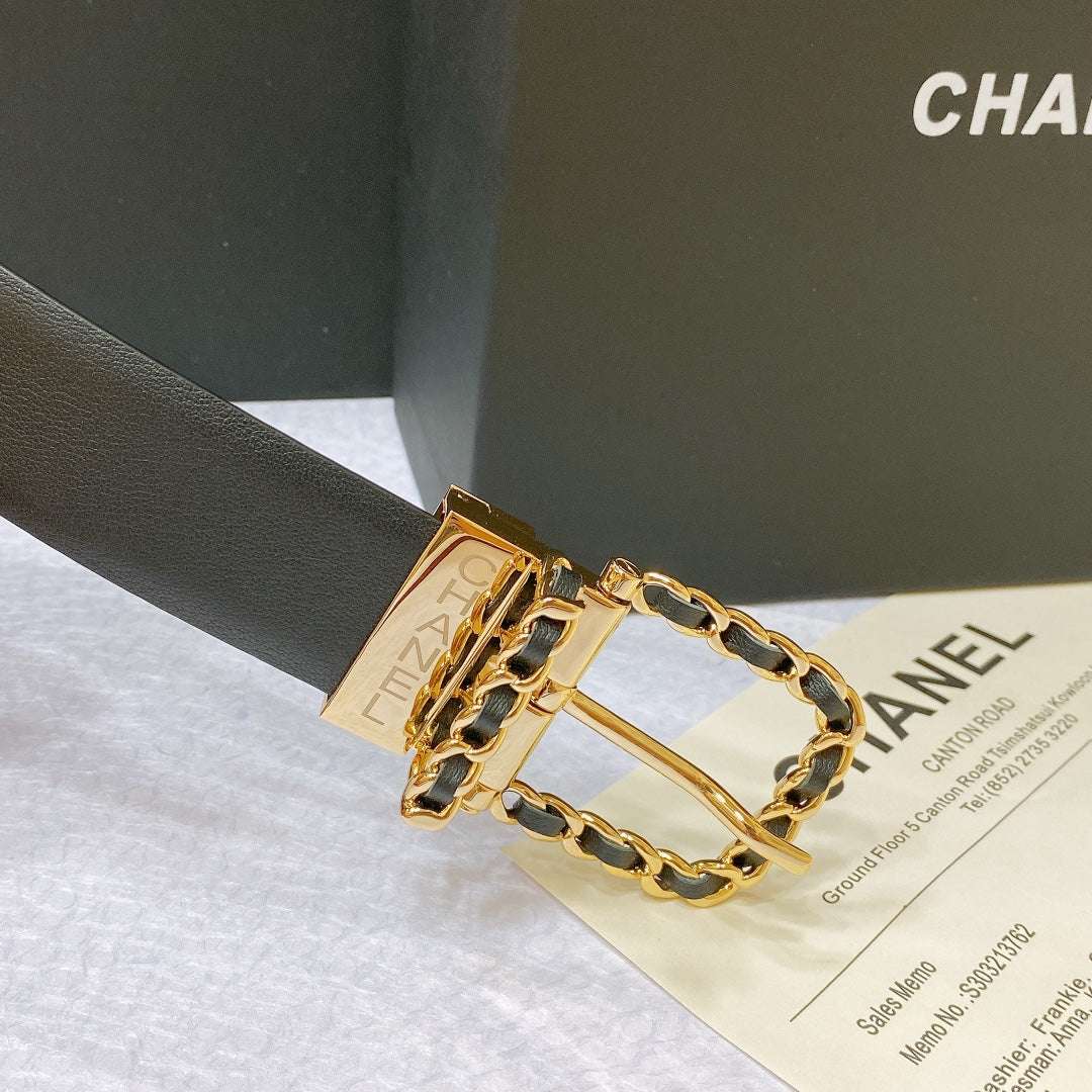 New Cha~nel imported glossy calf leather 3cm soft, delicate, elegant and fashionable double-sided belt