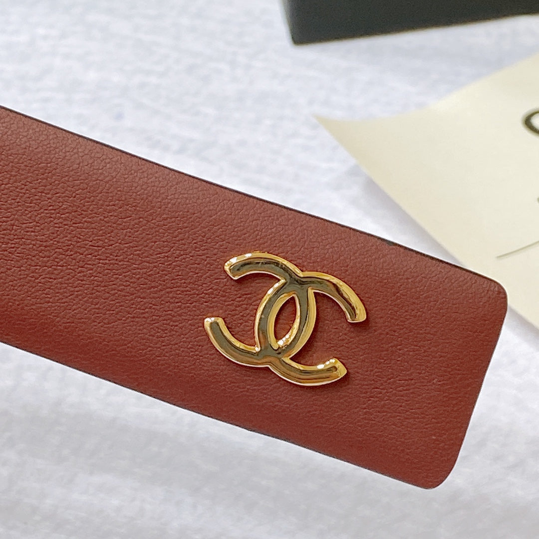 New Cha~nel imported glossy calf leather 3cm soft, delicate, elegant and fashionable double-sided belt