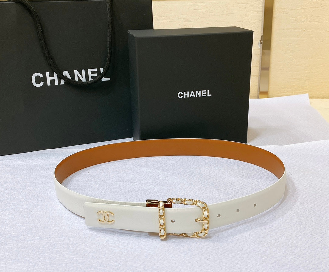 New Cha~nel imported glossy calf leather 3cm soft, delicate, elegant and fashionable double-sided belt