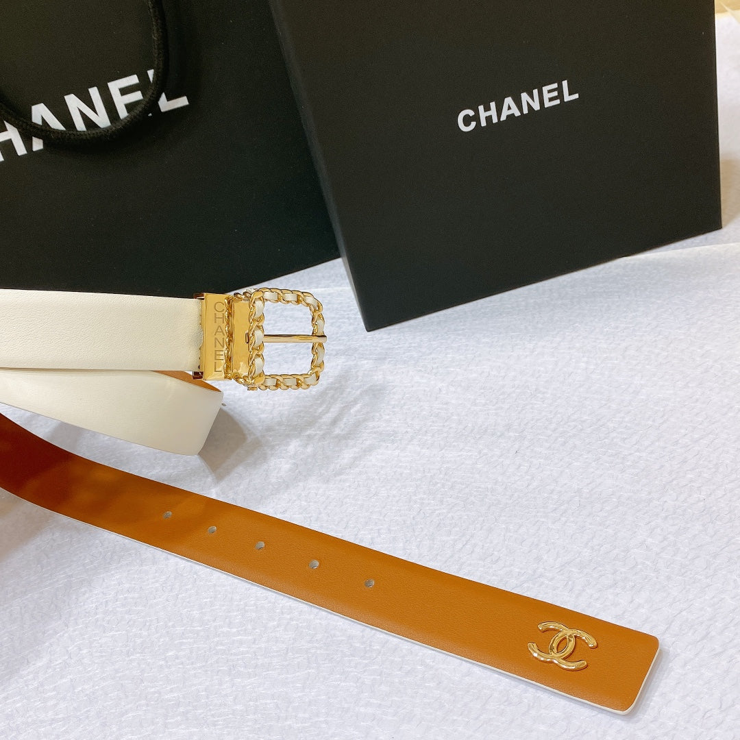 New Cha~nel imported glossy calf leather 3cm soft, delicate, elegant and fashionable double-sided belt