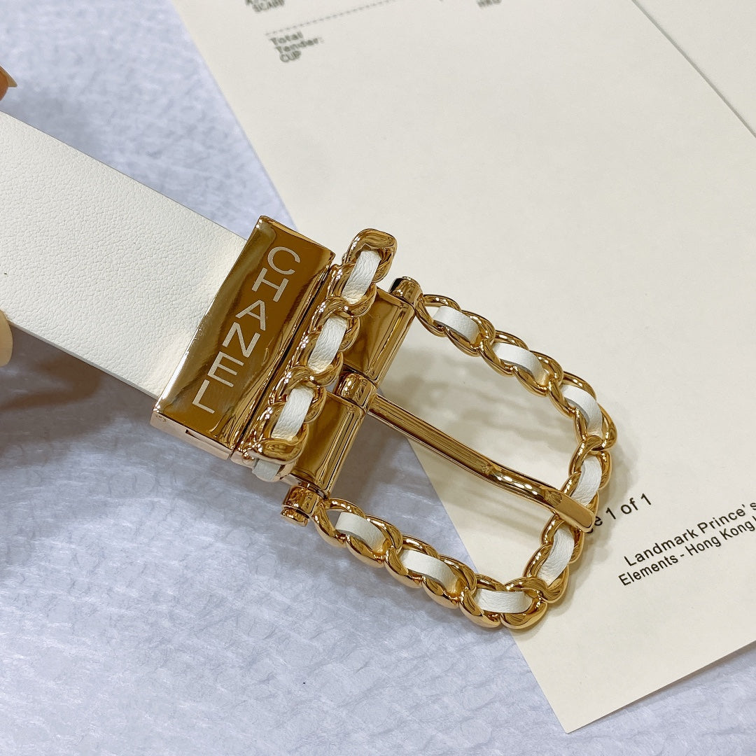 New Cha~nel imported glossy calf leather 3cm soft, delicate, elegant and fashionable double-sided belt