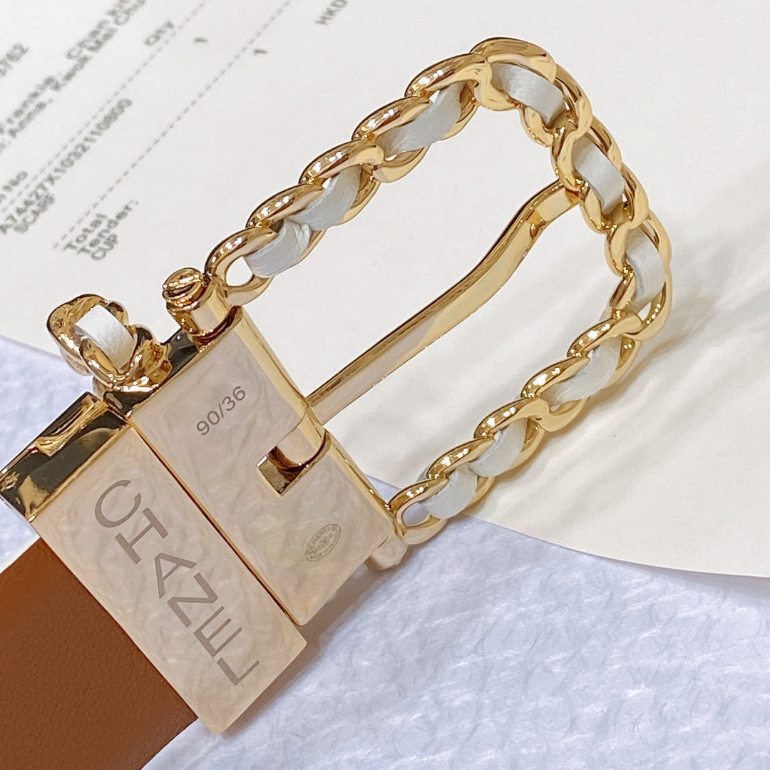 New Cha~nel imported glossy calf leather 3cm soft, delicate, elegant and fashionable double-sided belt
