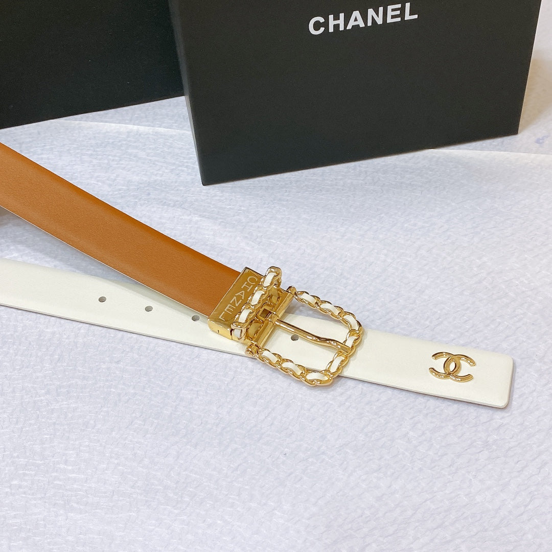 New Cha~nel imported glossy calf leather 3cm soft, delicate, elegant and fashionable double-sided belt