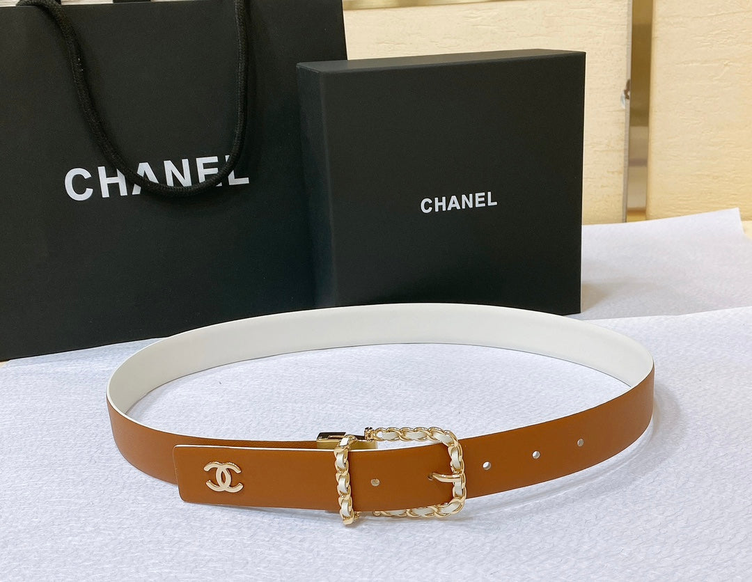 New Cha~nel imported glossy calf leather 3cm soft, delicate, elegant and fashionable double-sided belt