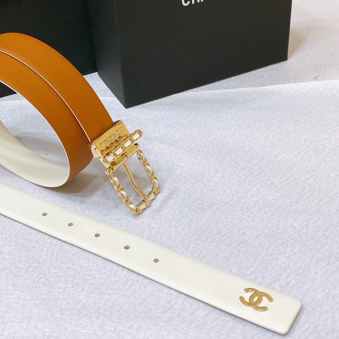 New Cha~nel imported glossy calf leather 3cm soft, delicate, elegant and fashionable double-sided belt