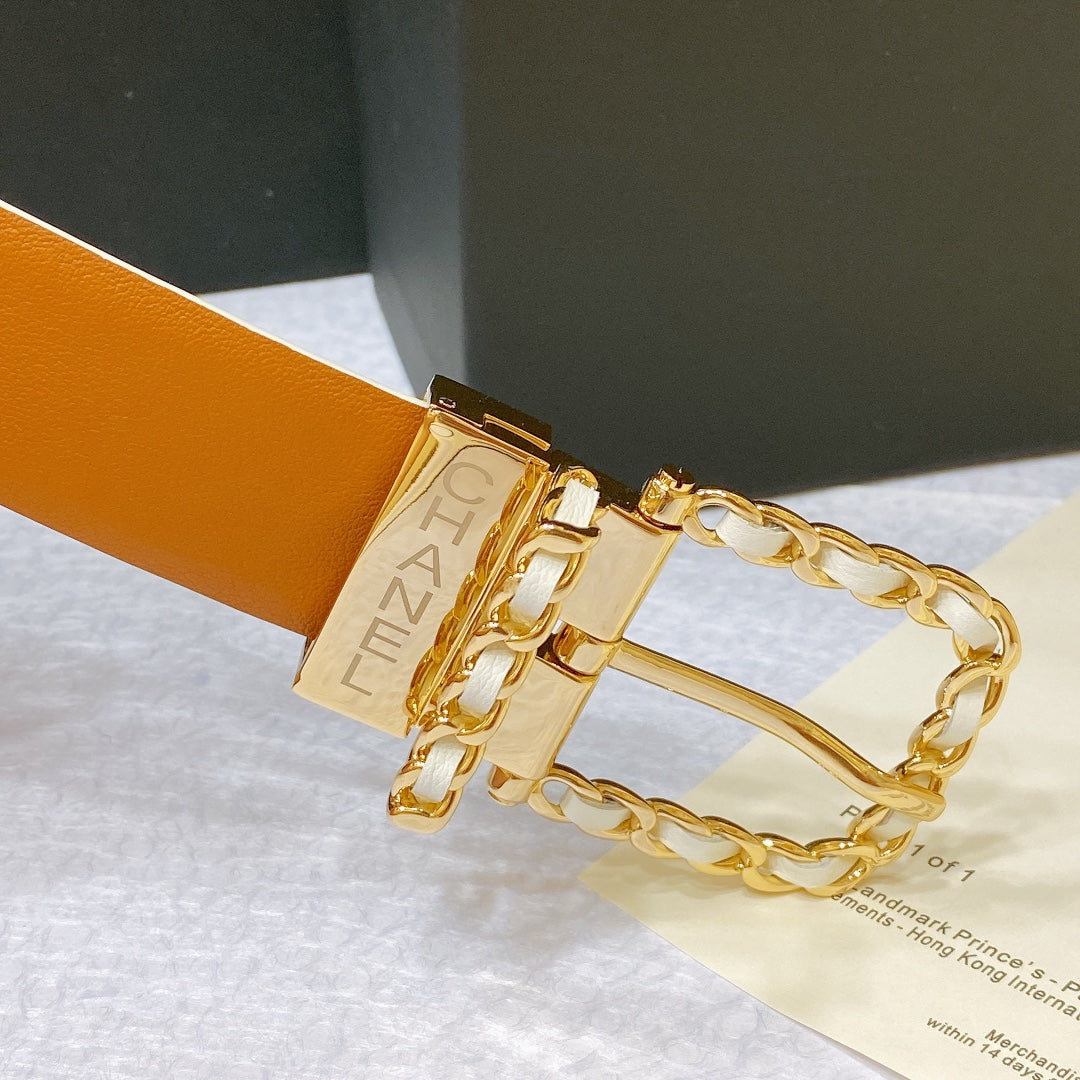 New Cha~nel imported glossy calf leather 3cm soft, delicate, elegant and fashionable double-sided belt