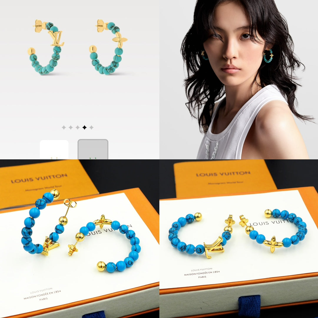 New Fashion light luxuries Exquisite Women's Monogram  Blue Pine Bead C Earrings