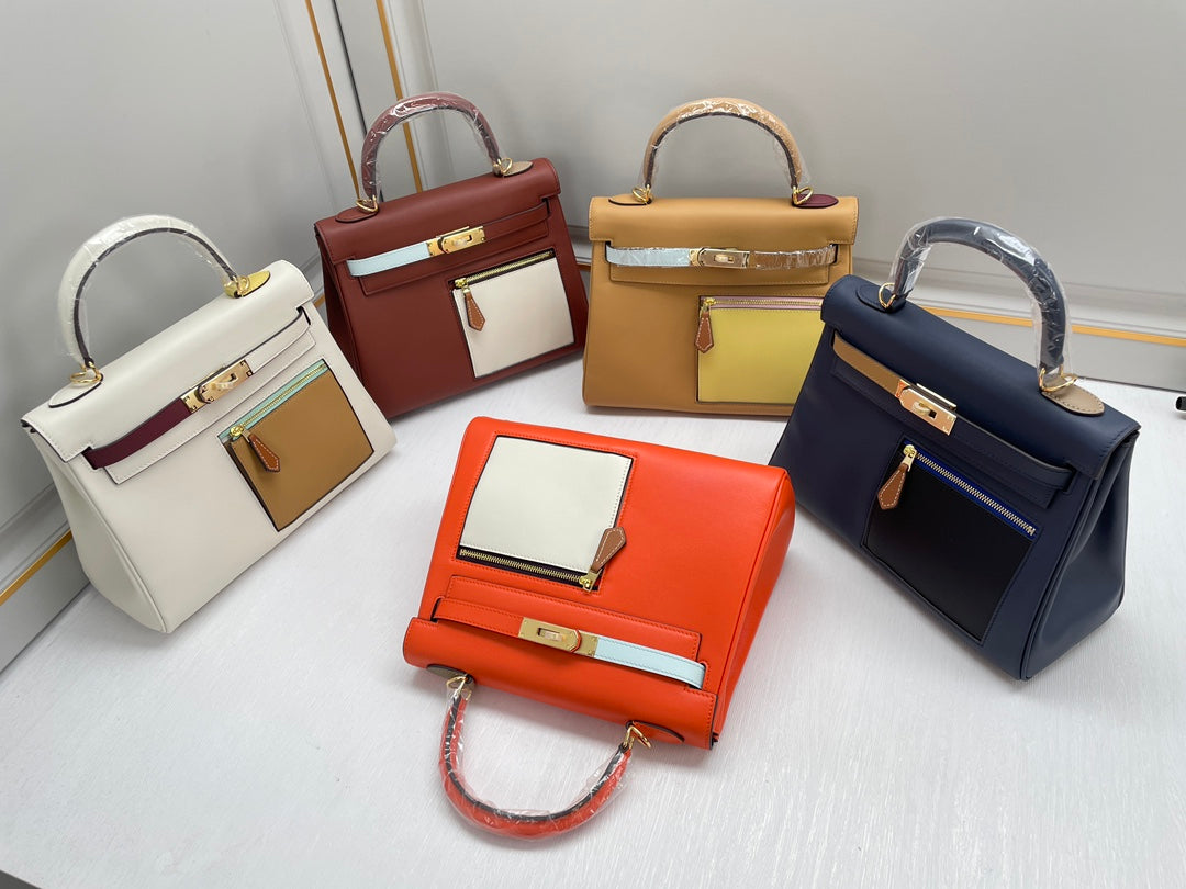 New luxury fashion Kelly color blocked pocket zipper handbag