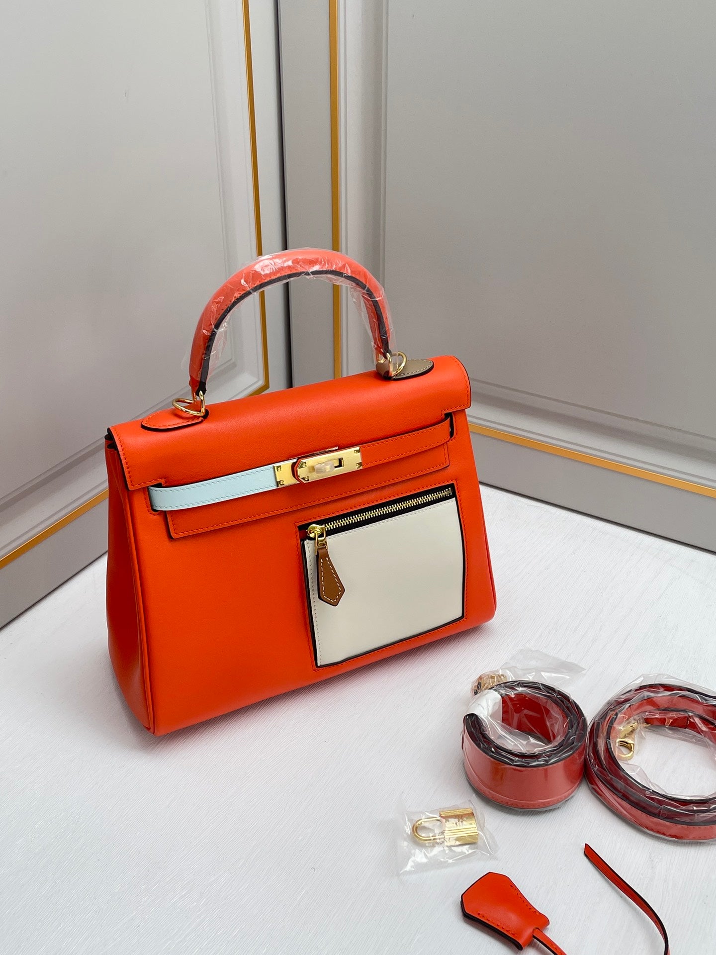 New luxury fashion Kelly color blocked pocket zipper handbag