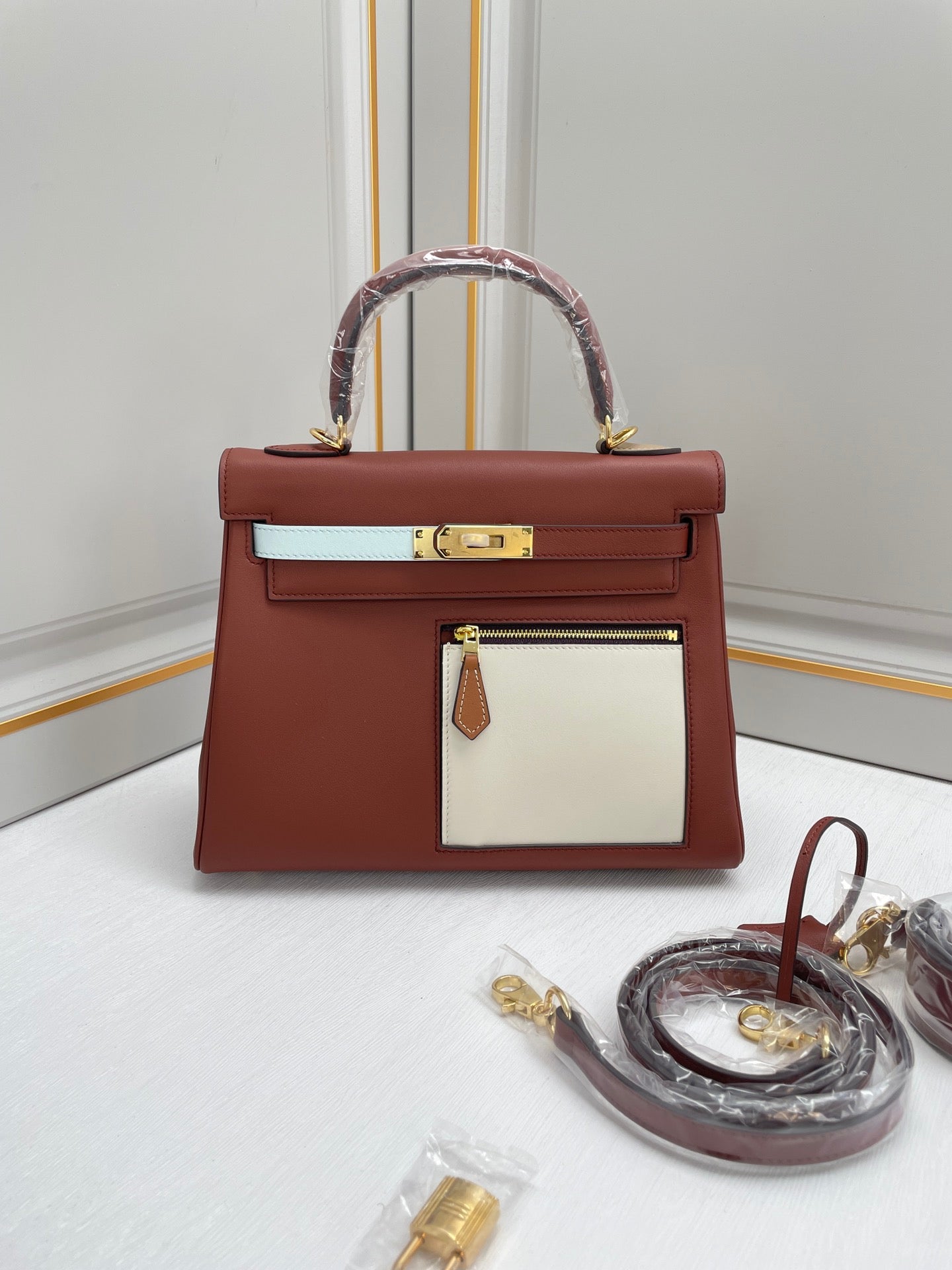 New luxury fashion Kelly color blocked pocket zipper handbag