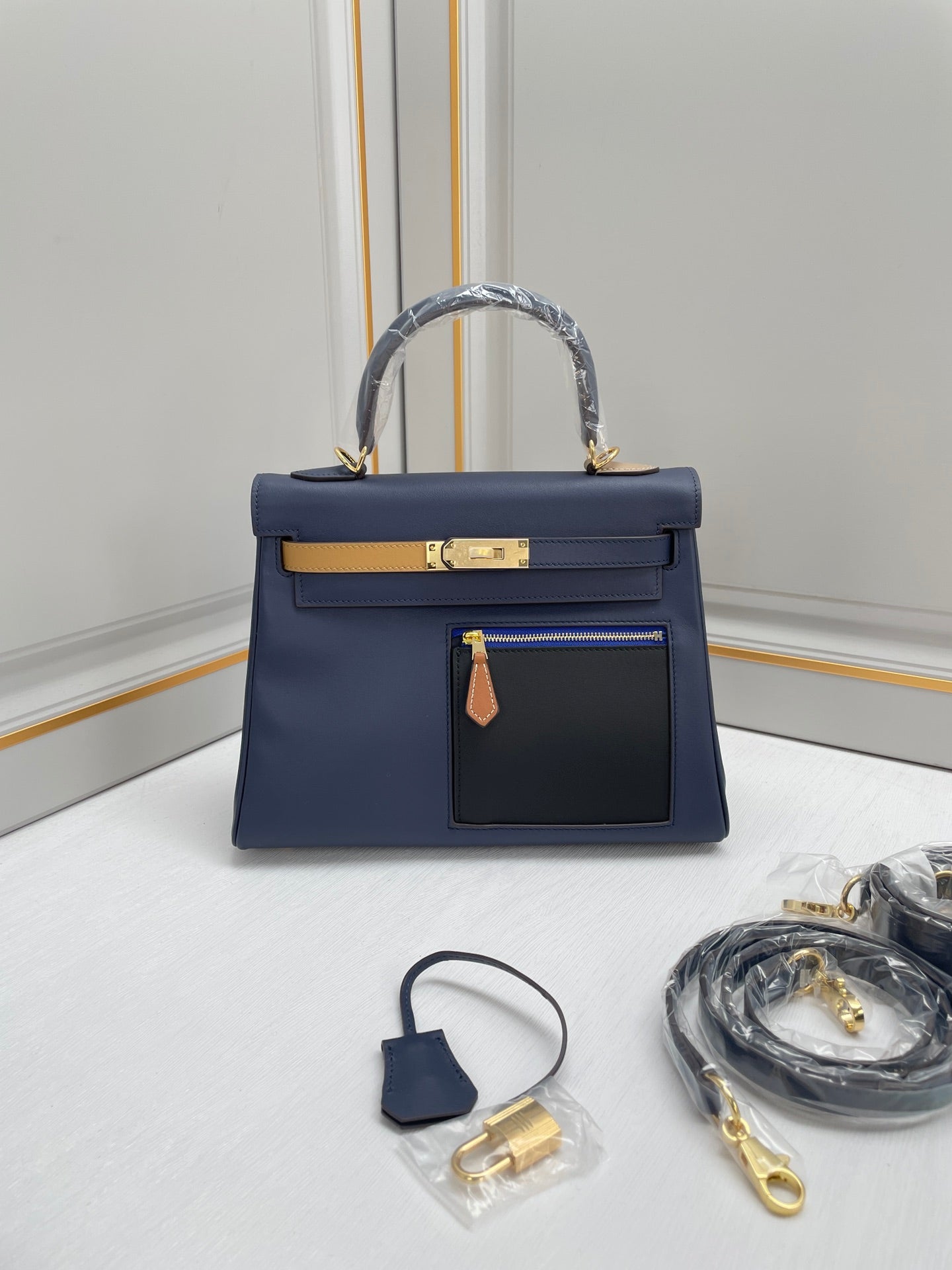 New luxury fashion Kelly color blocked pocket zipper handbag