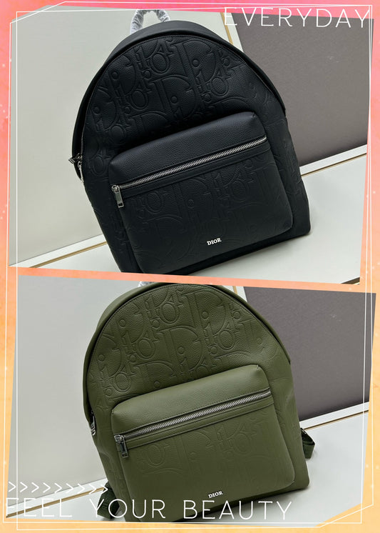 New D Family European and American Trendy Men's Embossed Double sided Grain Leather Zipper Backpack